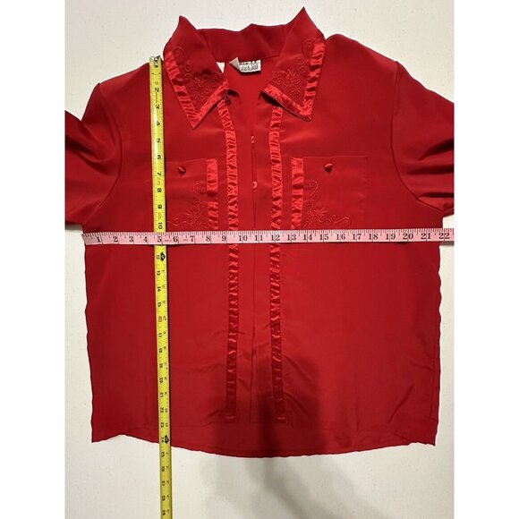 Vintage Christie & Jill Red Button Up Blouse Satin Trim Embroidered Petite 14P - Picture 8 of 9